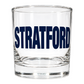 Mellow Monkey Stratford rocks glass with bold navy blue city name lettering on clear durable glassware