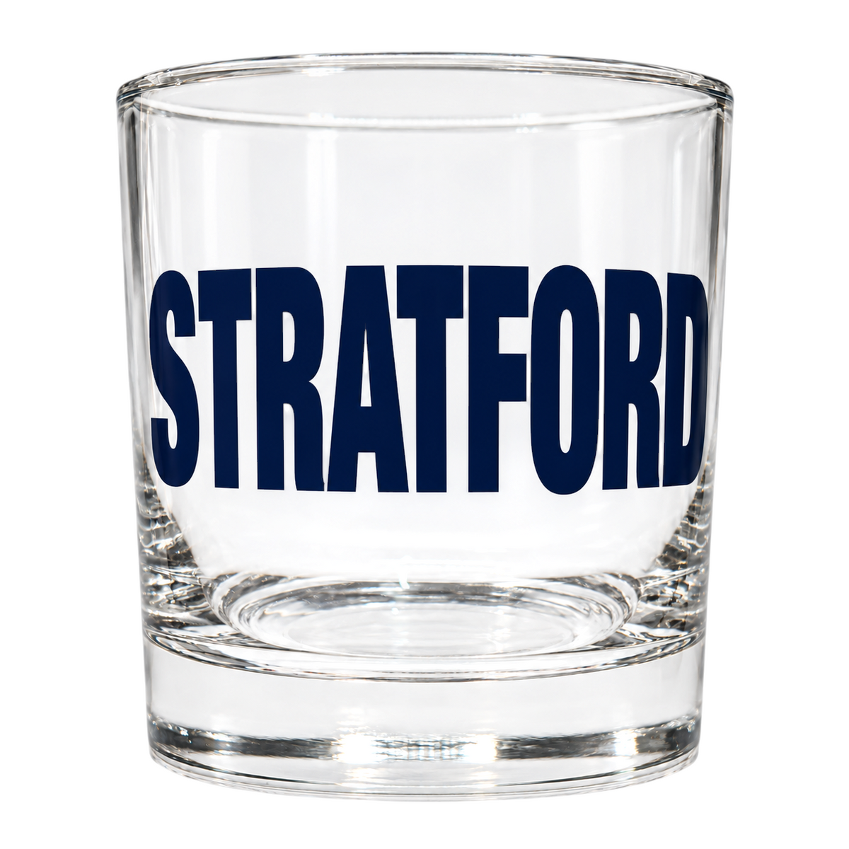 Mellow Monkey Stratford rocks glass with bold navy blue city name lettering on clear durable glassware