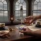 Mellow Monkey Stratford shot glass being filled with amber liquid on a wooden table with a lighthouse view.