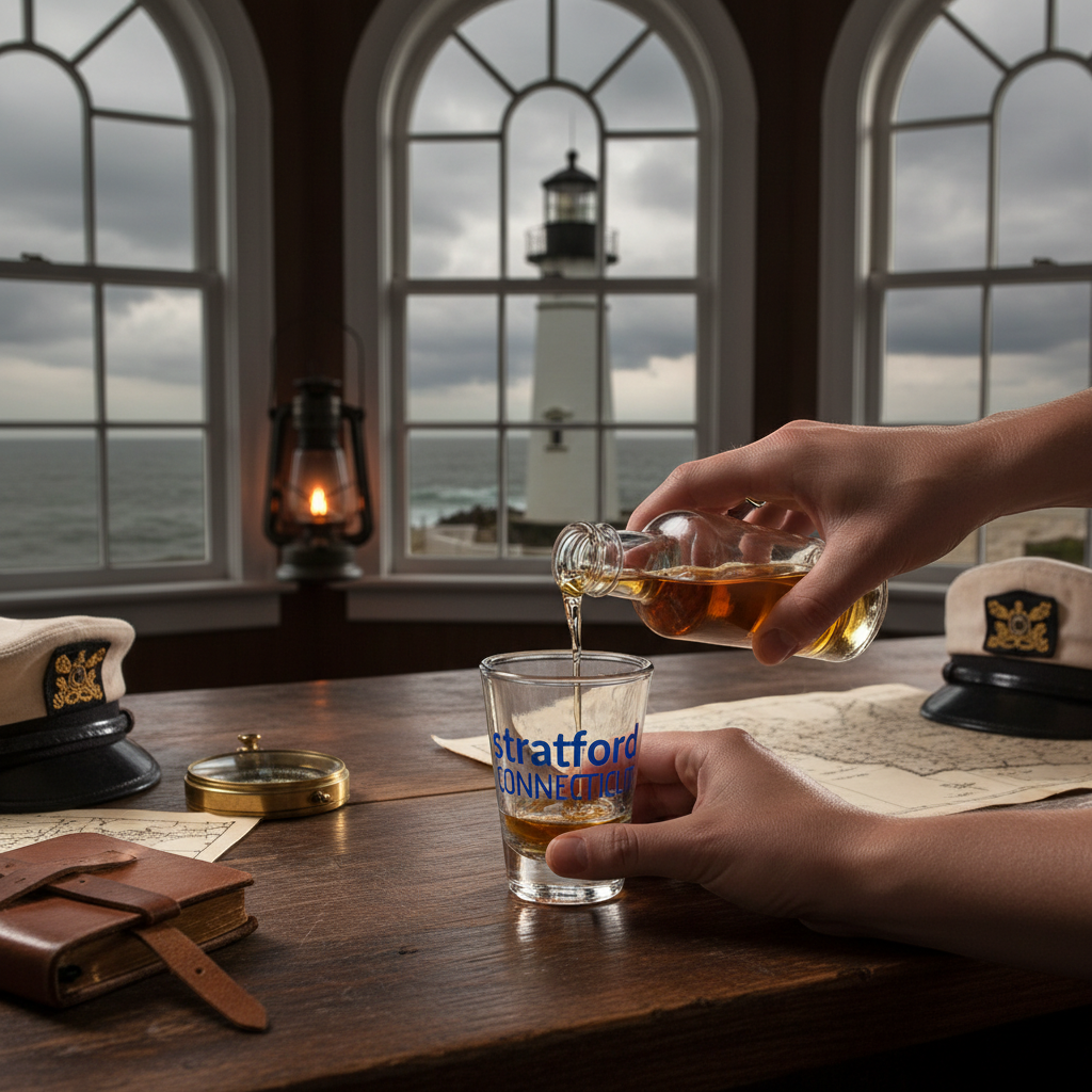 Mellow Monkey Stratford shot glass being filled with amber liquid on a wooden table with a lighthouse view.