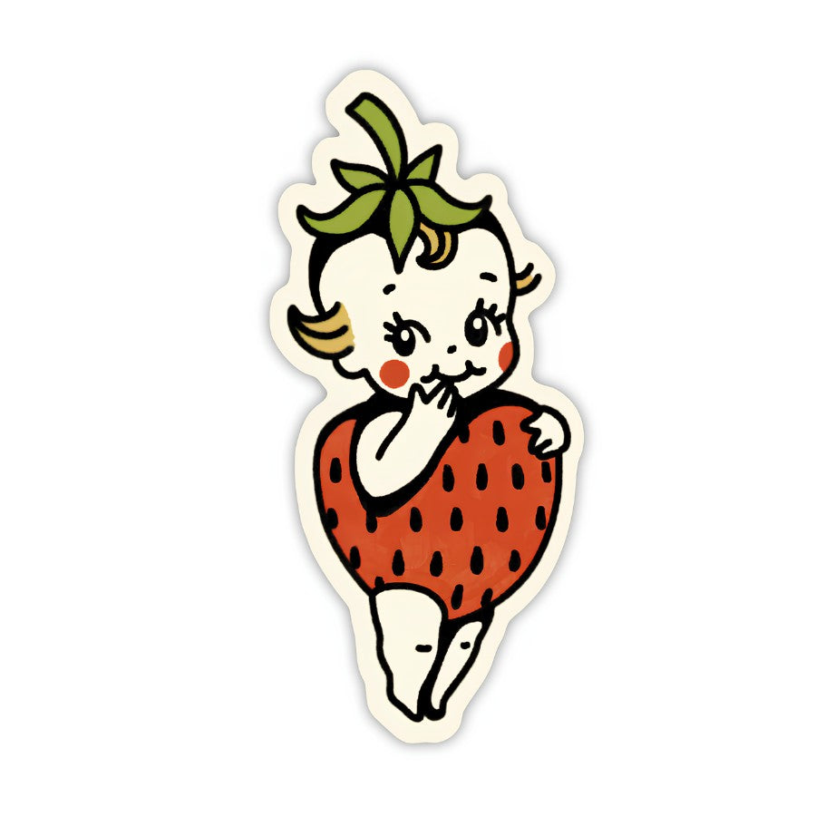 Mellow Monkey vintage-inspired Strawberry Kewpie sticker featuring a cute baby in a red strawberry costume
