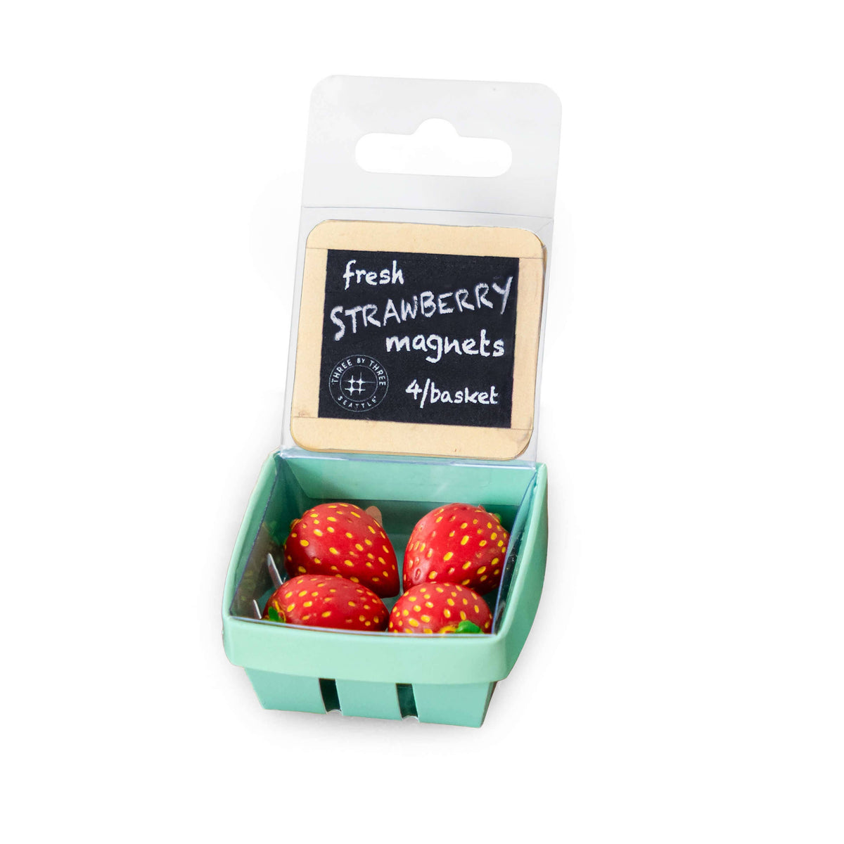 Mellow Monkey set of four hand-painted polyresin strawberry magnets in a miniature green produce basket