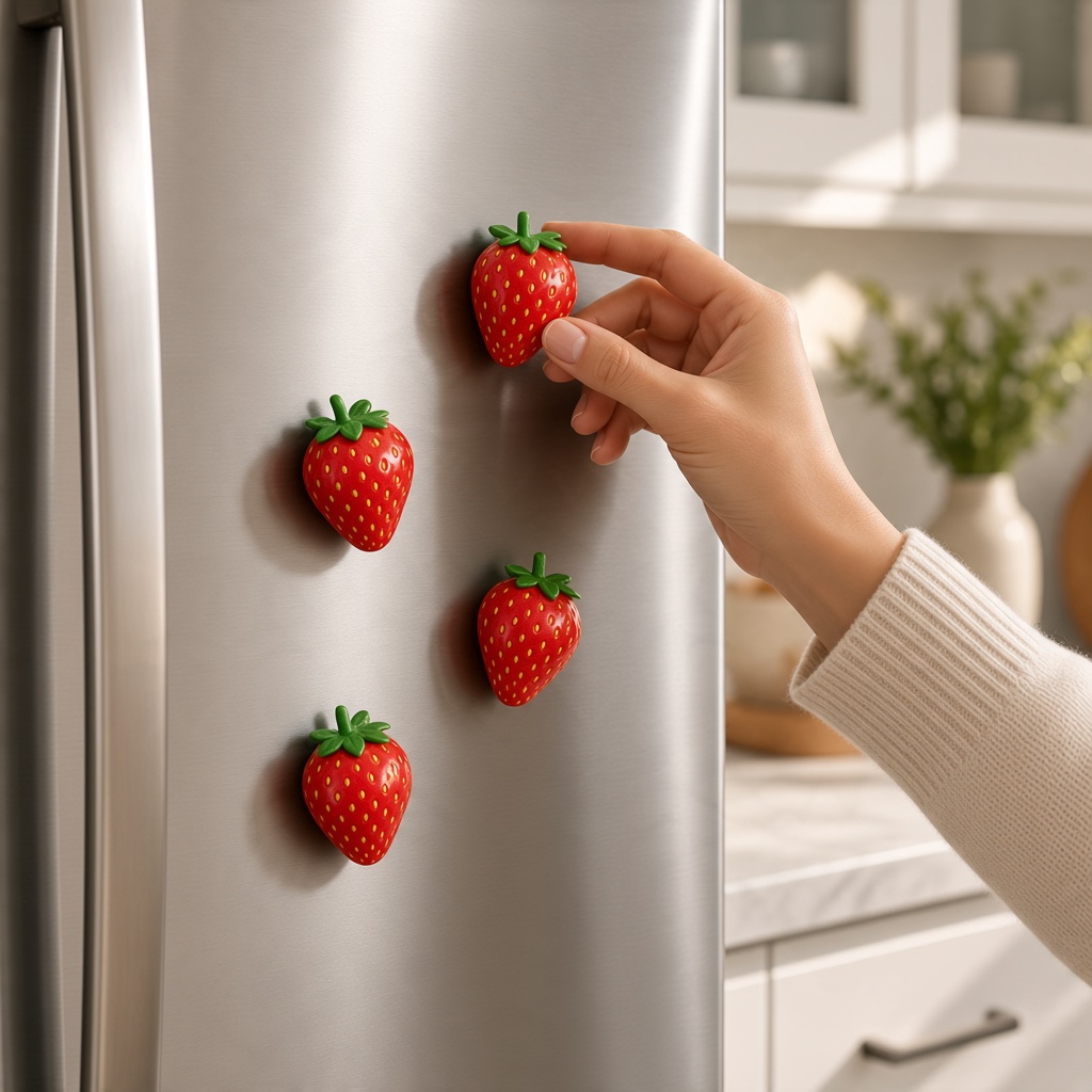 Mellow Monkey set of four hand-painted polyresin strawberry magnets attached to a stainless steel refrigerator door.