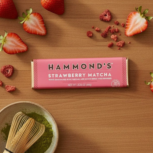 Mellow Monkey Strawberry Matcha white chocolate bar with freeze-dried strawberries and matcha powder.