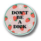 Mellow Monkey round waterproof sticker with a pink background, strawberry and daisy pattern, and black text.