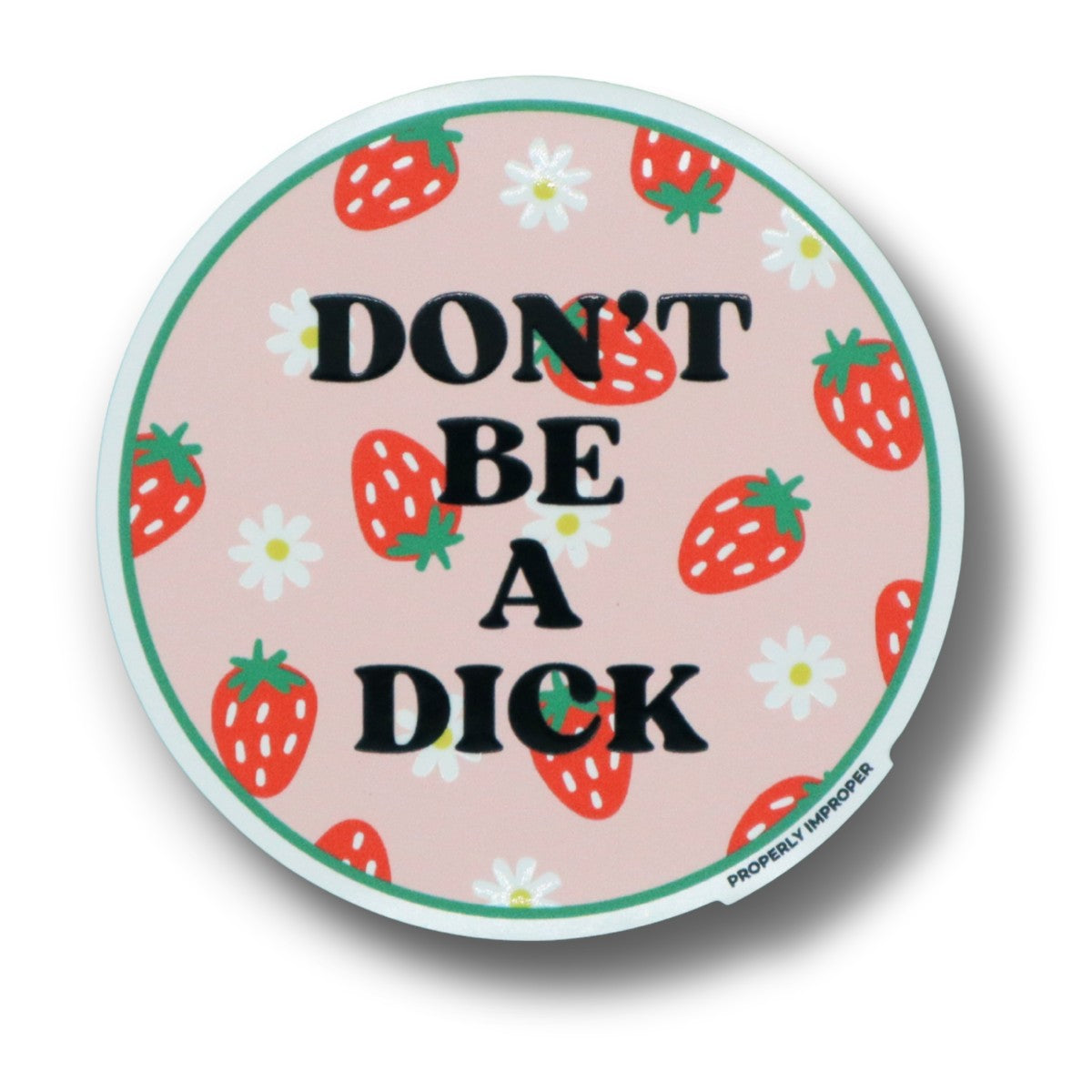Mellow Monkey round waterproof sticker with a pink background, strawberry and daisy pattern, and black text.