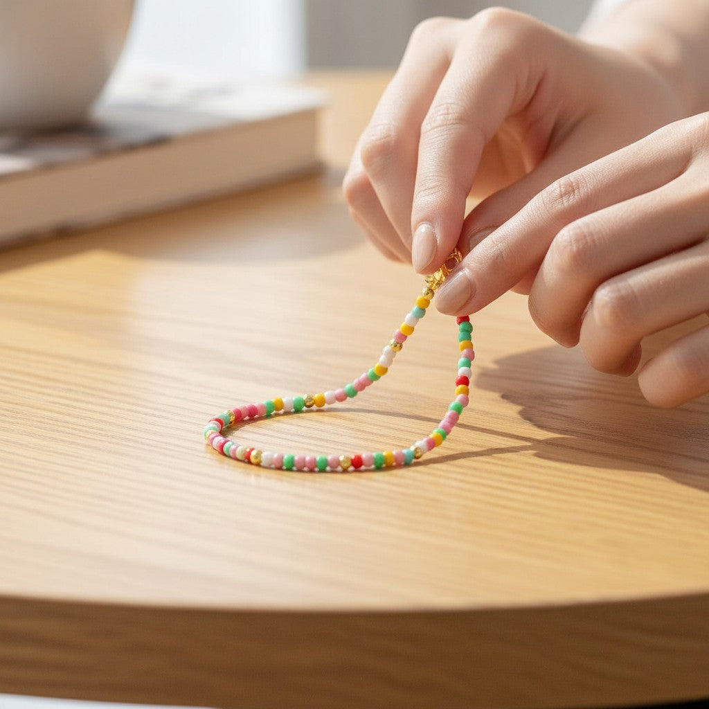 Mellow Monkey stretch seed bead bracelet in aqua, yellow, and red with 18k gold plated brass accents on a table.