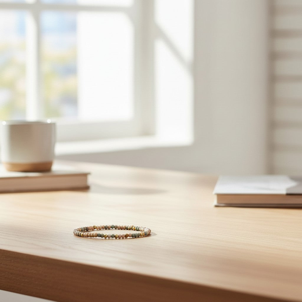 Mellow Monkey stretch seed bead bracelet in taupe, peach, and grey with 18k gold-plated brass accents on a table.