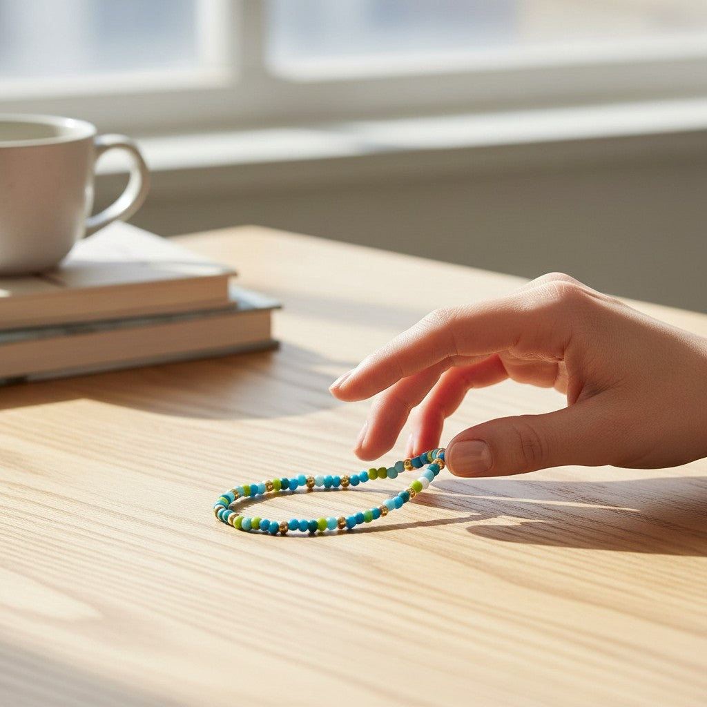 Mellow Monkey stretch seed bead bracelet in blue, green, and 18k gold-plated brass on a wooden table.