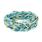 Mellow Monkey stretch seed bead bracelets in blue, white, and green with 18k gold-plated brass accents.