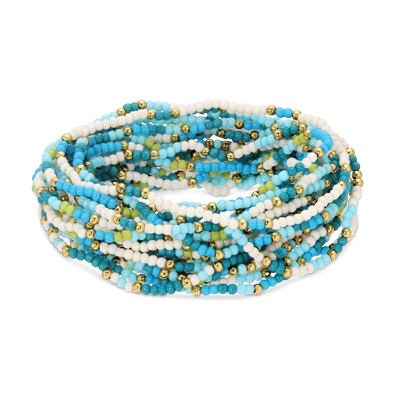 Mellow Monkey stretch seed bead bracelets in blue, white, and green with 18k gold-plated brass accents.