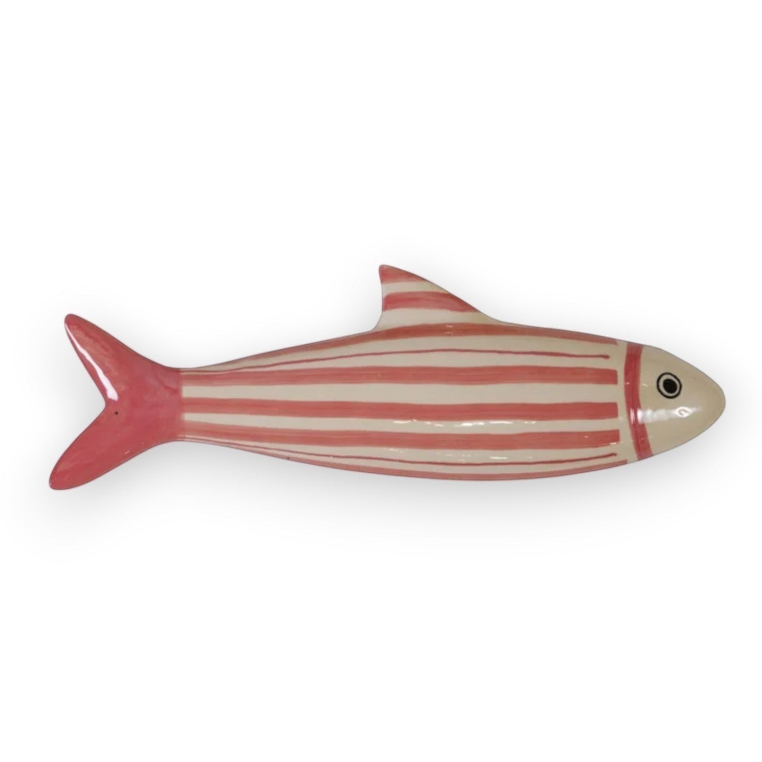 Mellow Monkey hand-painted stoneware fish wall decor with pink stripes and a pink tail.