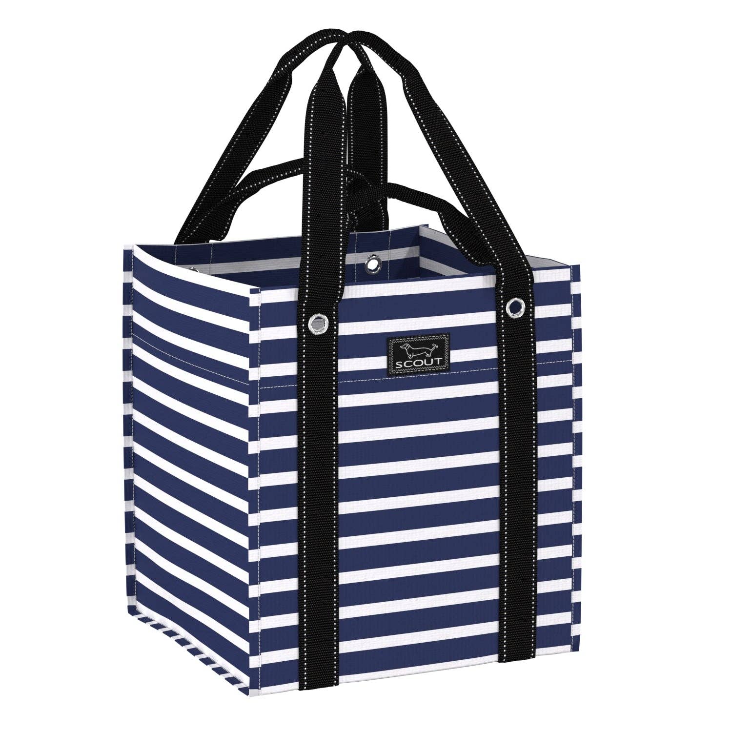 Mellow Monkey Bagette market tote in Nantucket Navy blue and white stripes with dual black handles and square base