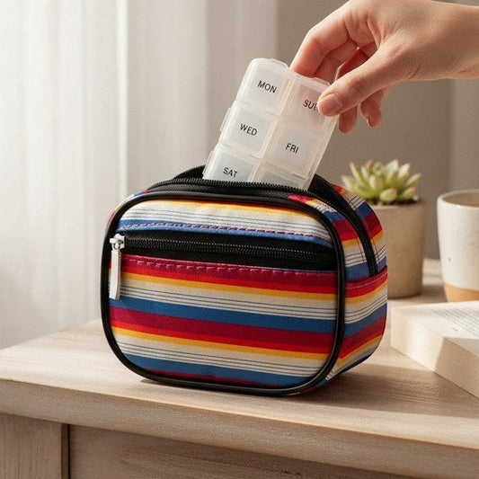 Mellow Monkey zippered pill and vitamin case with colorful stripes and 8 compartments for 7 days plus extra.