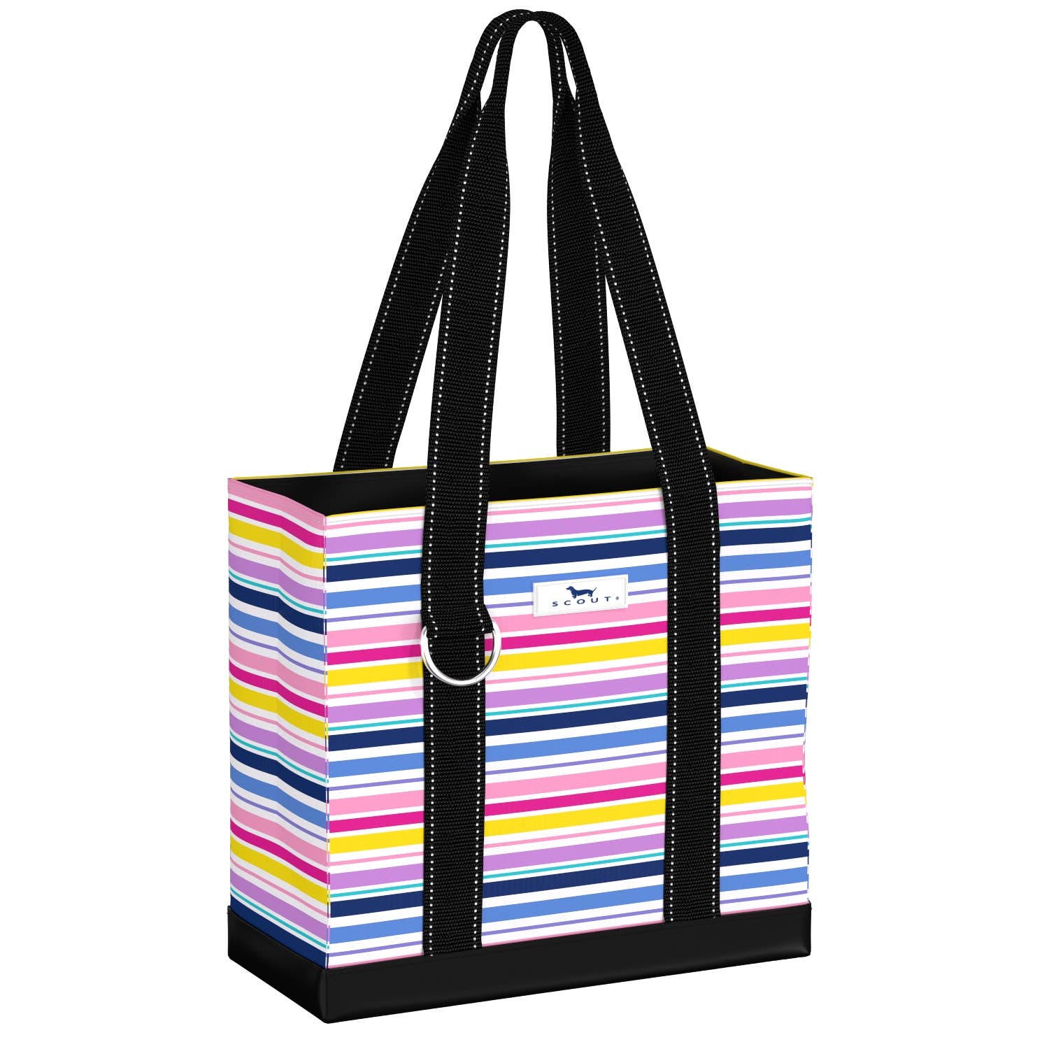 Mellow Monkey Original Deano small striped tote bag with black straps and a structured, burst-proof base.