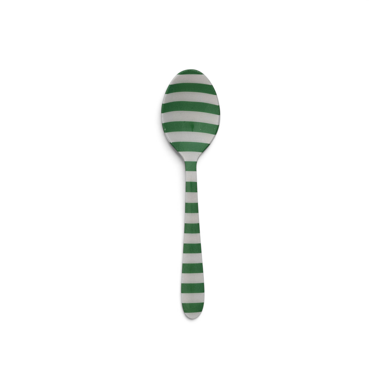 Mellow Monkey stainless steel spoon featuring a green and white horizontal striped pattern on a white background.