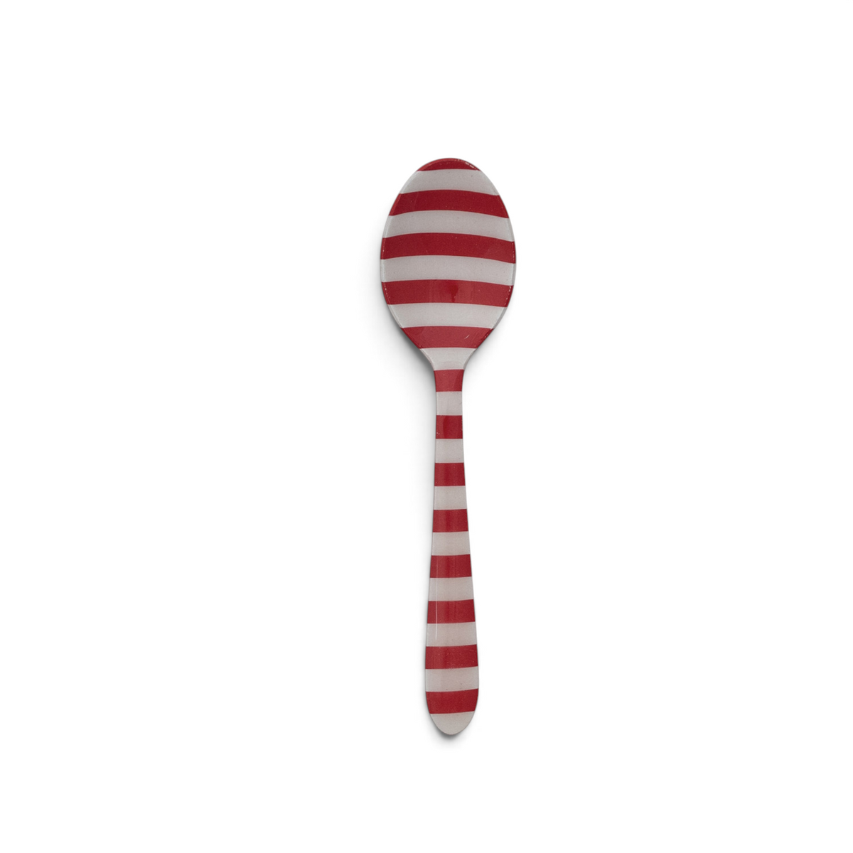 Mellow Monkey stainless steel spoon featuring a decorative red and white horizontal striped pattern