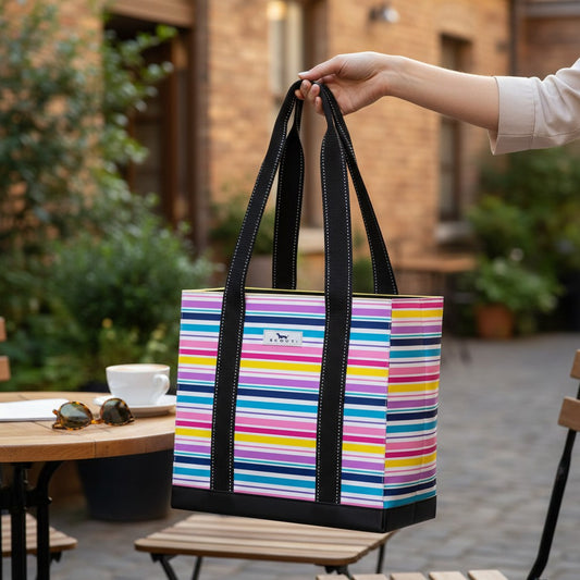 Mellow Monkey Original Deano small striped tote bag with black handles and base held by a hand in an outdoor cafe.