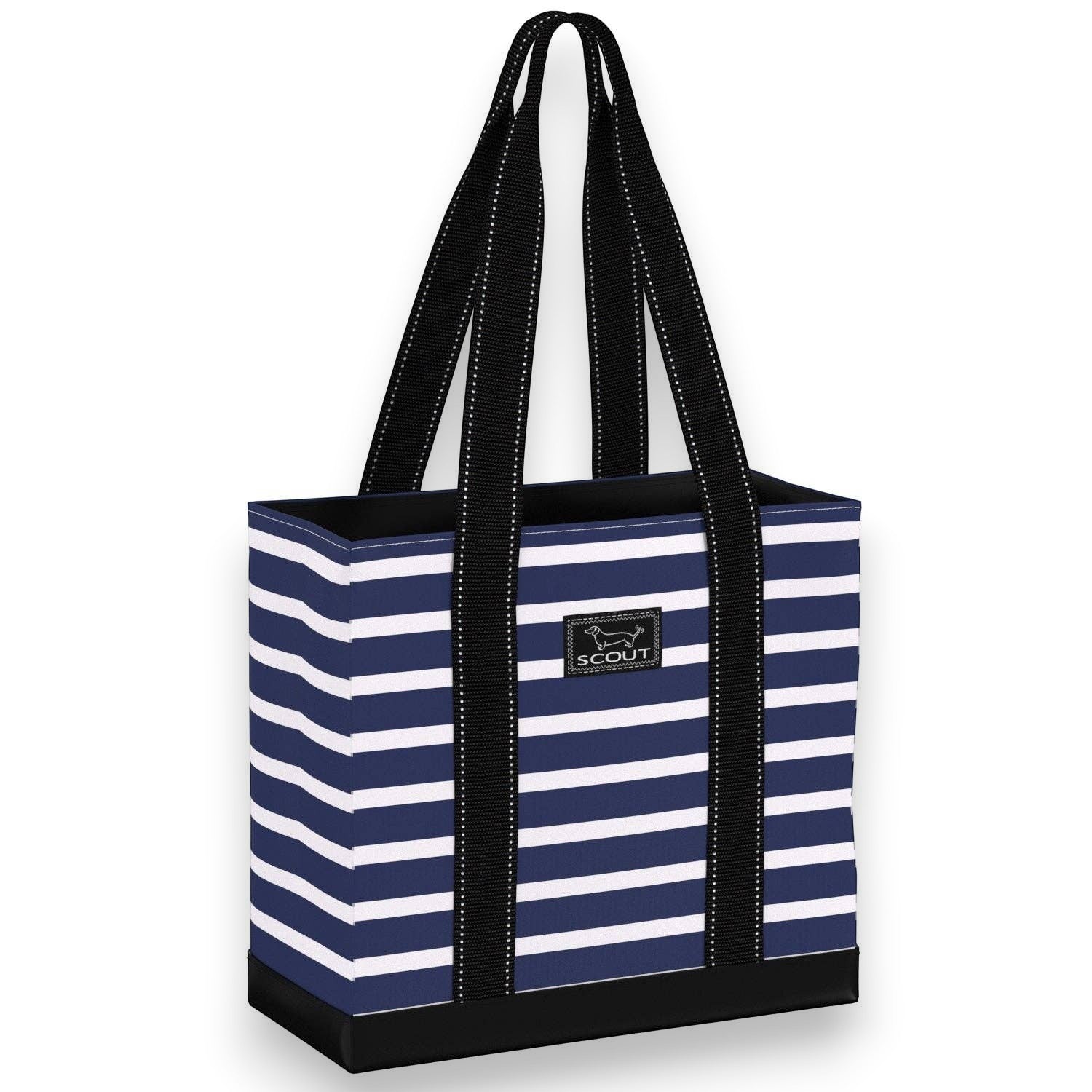 Mellow Monkey Original Deano small tote bag in Nantucket navy and white stripes with black heavy-duty straps.
