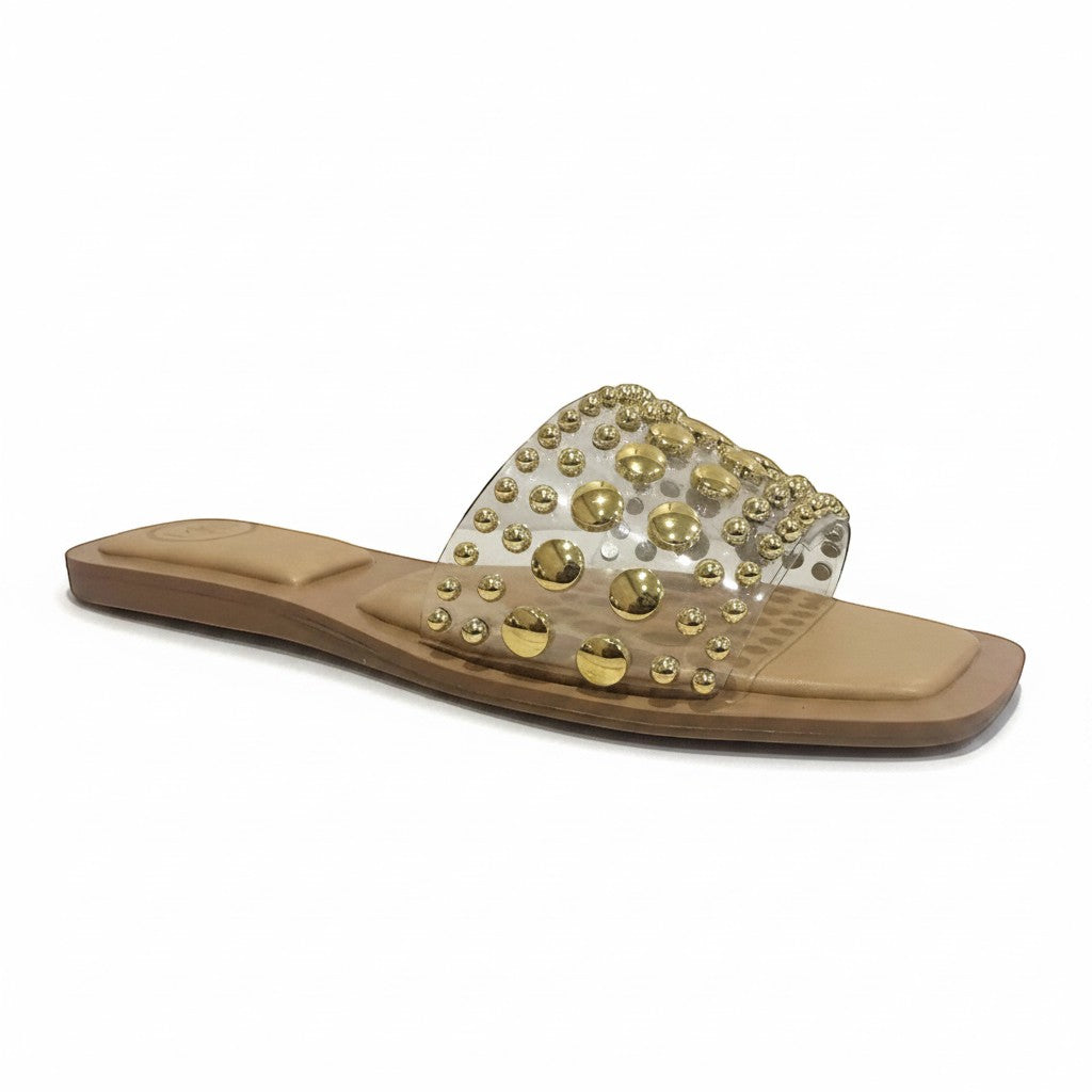 Mellow Monkey studded clear strap slide sandals with gold studs and a tan sole.