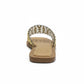 Mellow Monkey studded clear strap slide sandals with gold studs and a tan footbed.