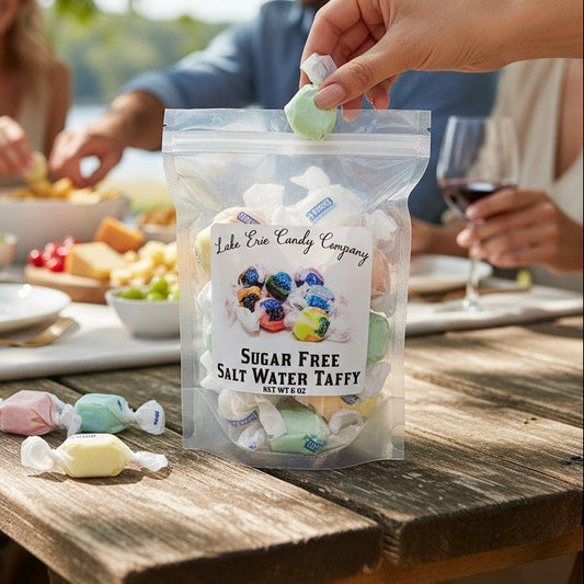Mellow Monkey Sugar-Free Assorted Salt Water Taffy, 6 oz bag with assorted flavors like blue raspberry, strawberry, and vanilla.
