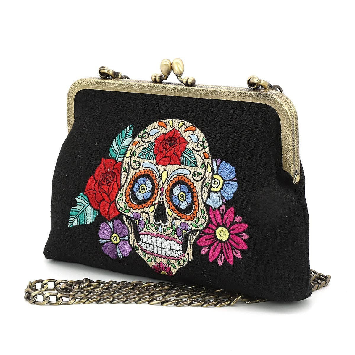 Mellow Monkey sugar skull embroidered kiss lock bag in black linen and cotton with vintage metal hardware and chain strap
