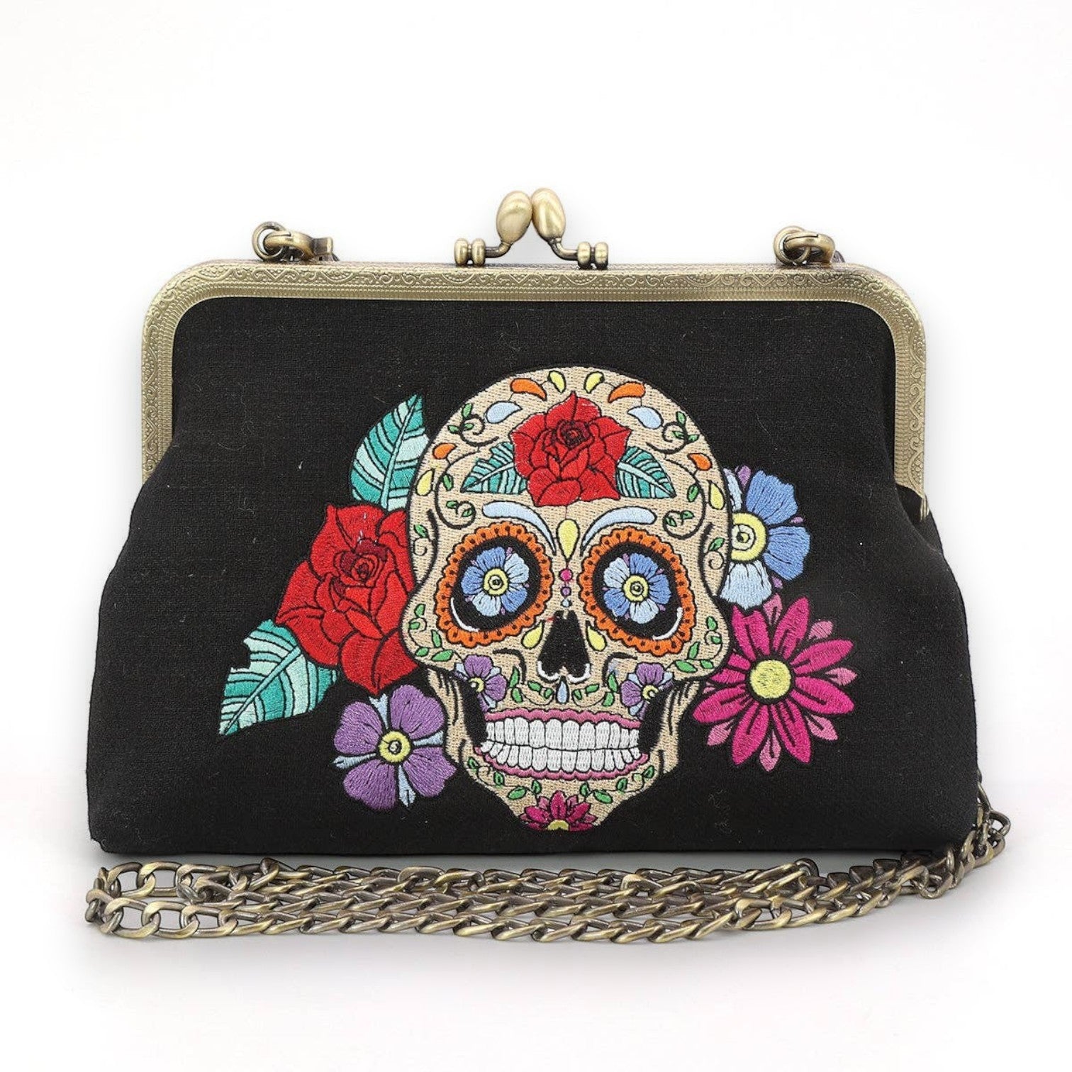 Mellow Monkey sugar skull kiss lock bag in black linen cotton blend with vintage metal hardware and chain strap