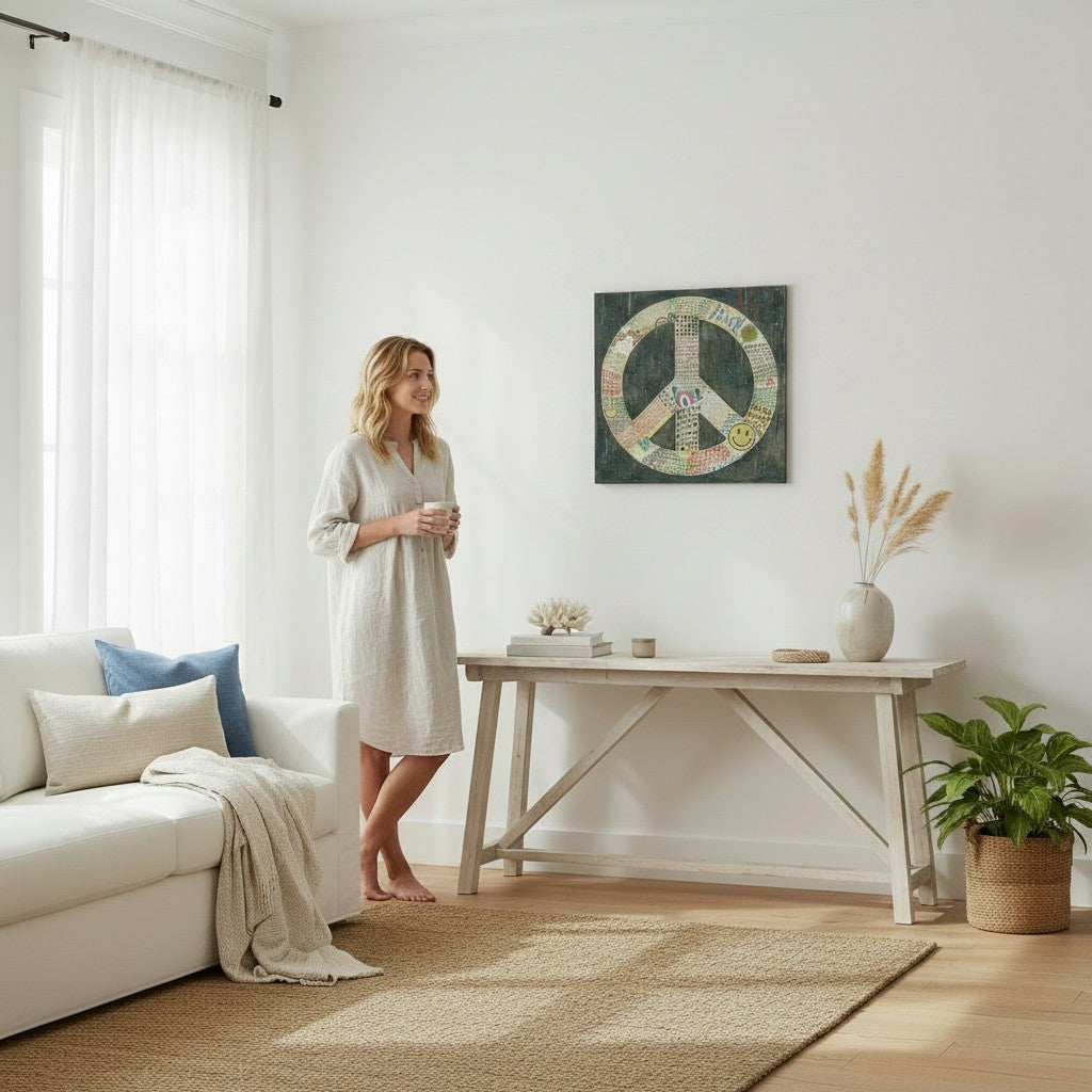 Mellow Monkey Sugarboo Choose Peace gallery wrap wall art displayed in a bright, modern living room.
