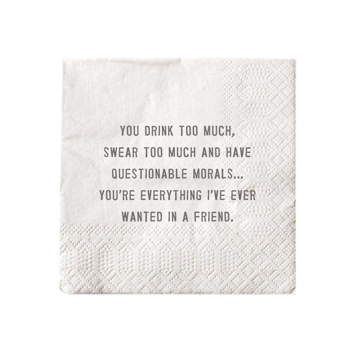Mellow Monkey white Sugarboo cocktail napkin with humorous friendship quote printed in black text