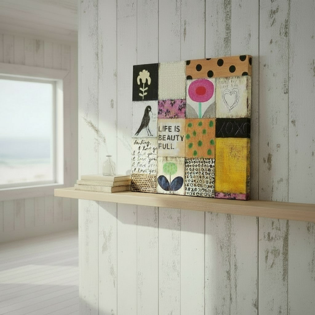 Mellow Monkey Sugarboo Collage #1 gallery wrap print featuring eclectic mixed media art on a wooden shelf.