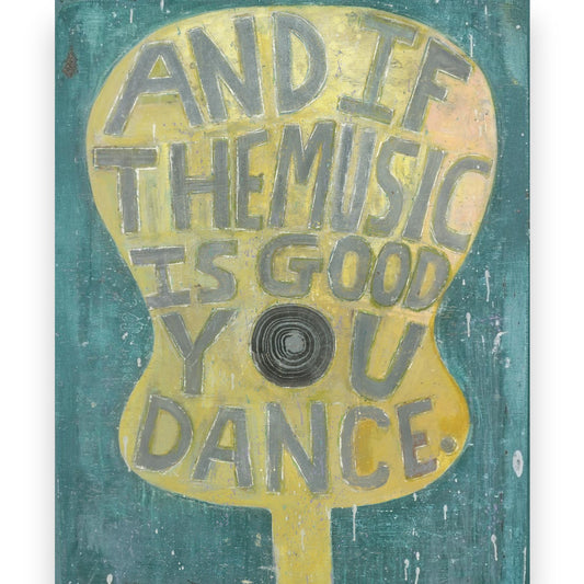 Mellow Monkey Sugarboo gallery wrap wall art featuring a yellow guitar shape with hand-lettered music quote