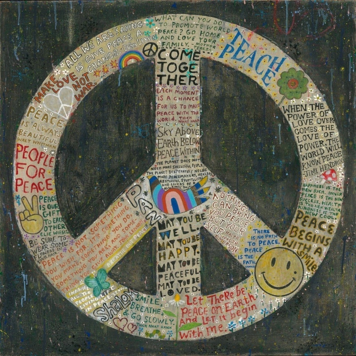 Mellow Monkey Sugarboo Choose Peace gallery wrap wall art featuring a large peace sign filled with inspirational quotes.