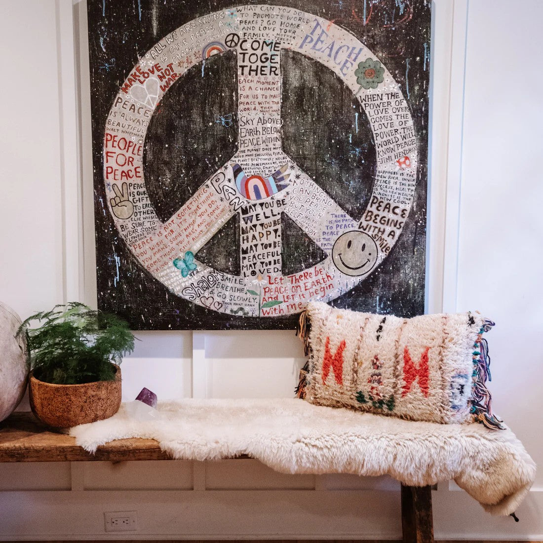 Mellow Monkey Sugarboo Choose Peace gallery wrap wall art featuring a large peace sign with inspirational quotes.