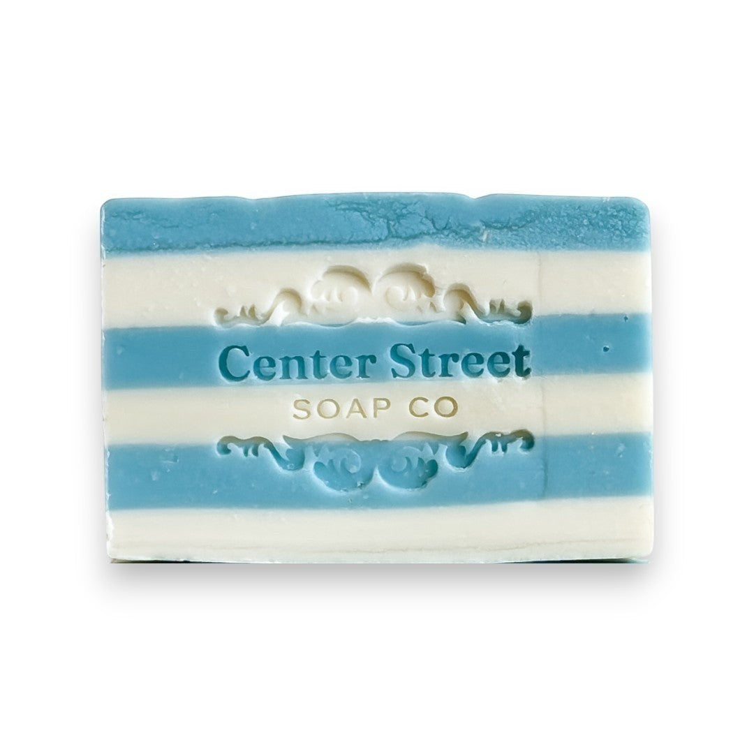 Mellow Monkey Summer Cottage handmade bar soap, blue and white striped, 4-oz, vegan, phthalate & paraben-free.