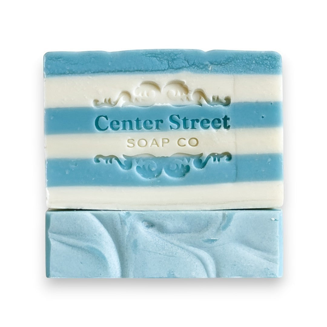 Mellow Monkey Summer Cottage handmade bar soap, blue and white striped with embossed logo, 4-oz