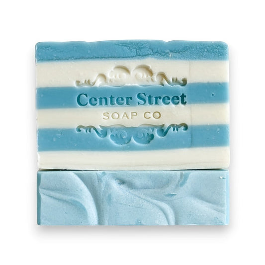 Mellow Monkey Summer Cottage handmade bar soap, blue and white striped with embossed logo, 4-oz