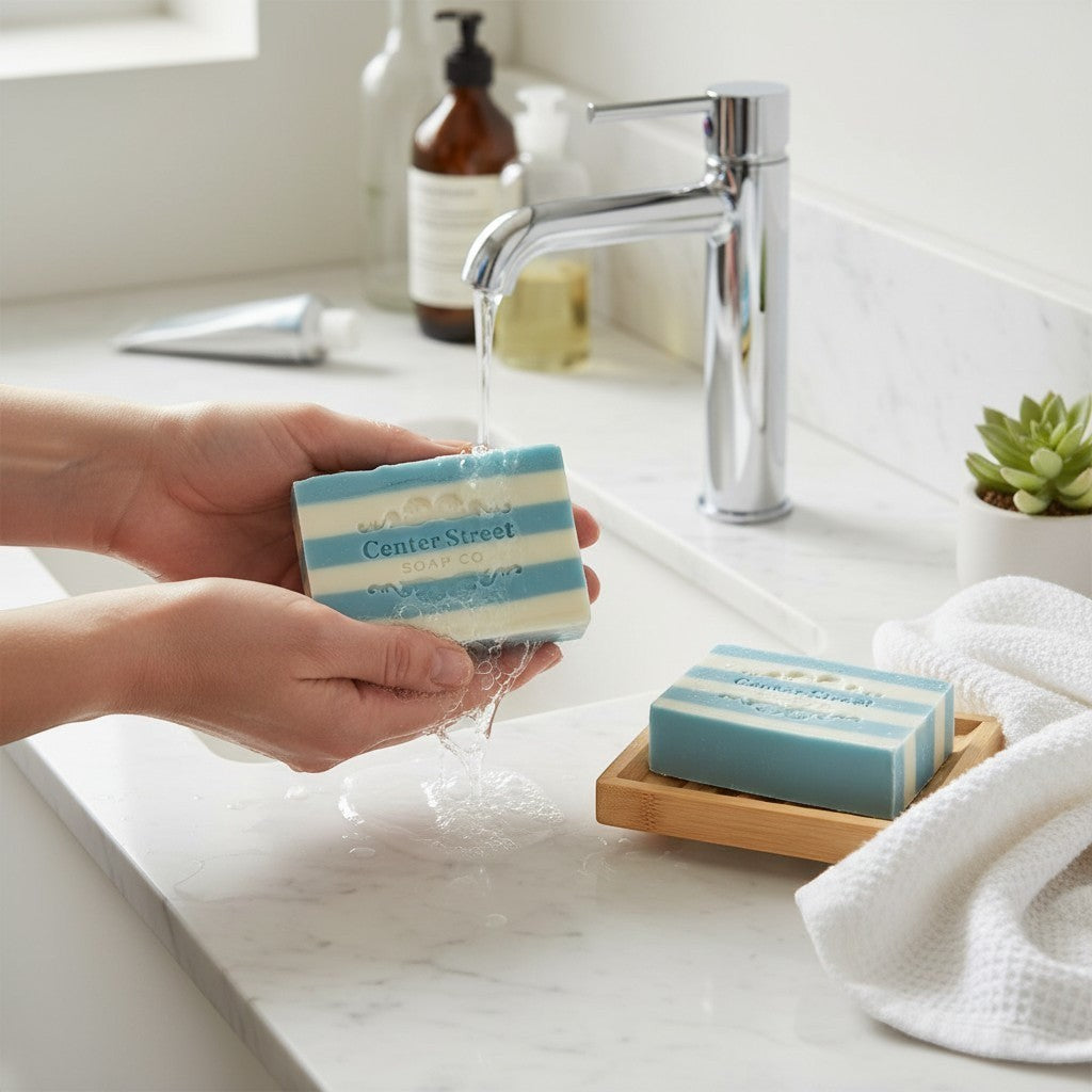 Mellow Monkey Summer Cottage handmade bar soap, blue and white striped, being rinsed under a faucet.