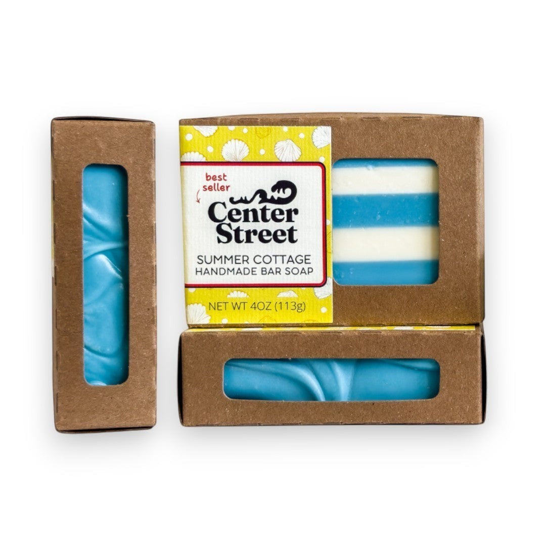 Mellow Monkey Summer Cottage handmade bar soap, blue and white striped, 4oz, in recyclable kraft box.