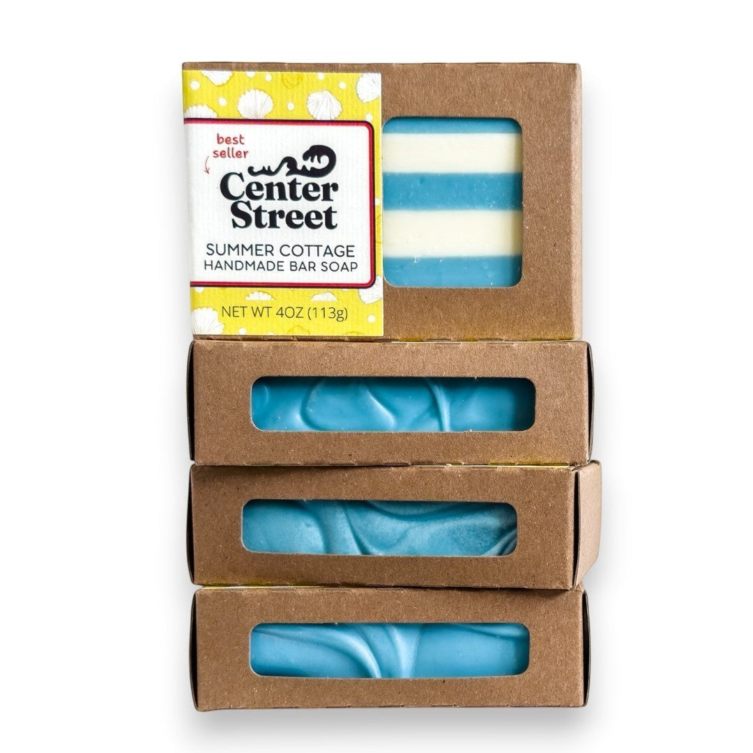 Mellow Monkey Summer Cottage handmade bar soap, blue and white striped on top, solid blue with wave pattern below, 4oz.