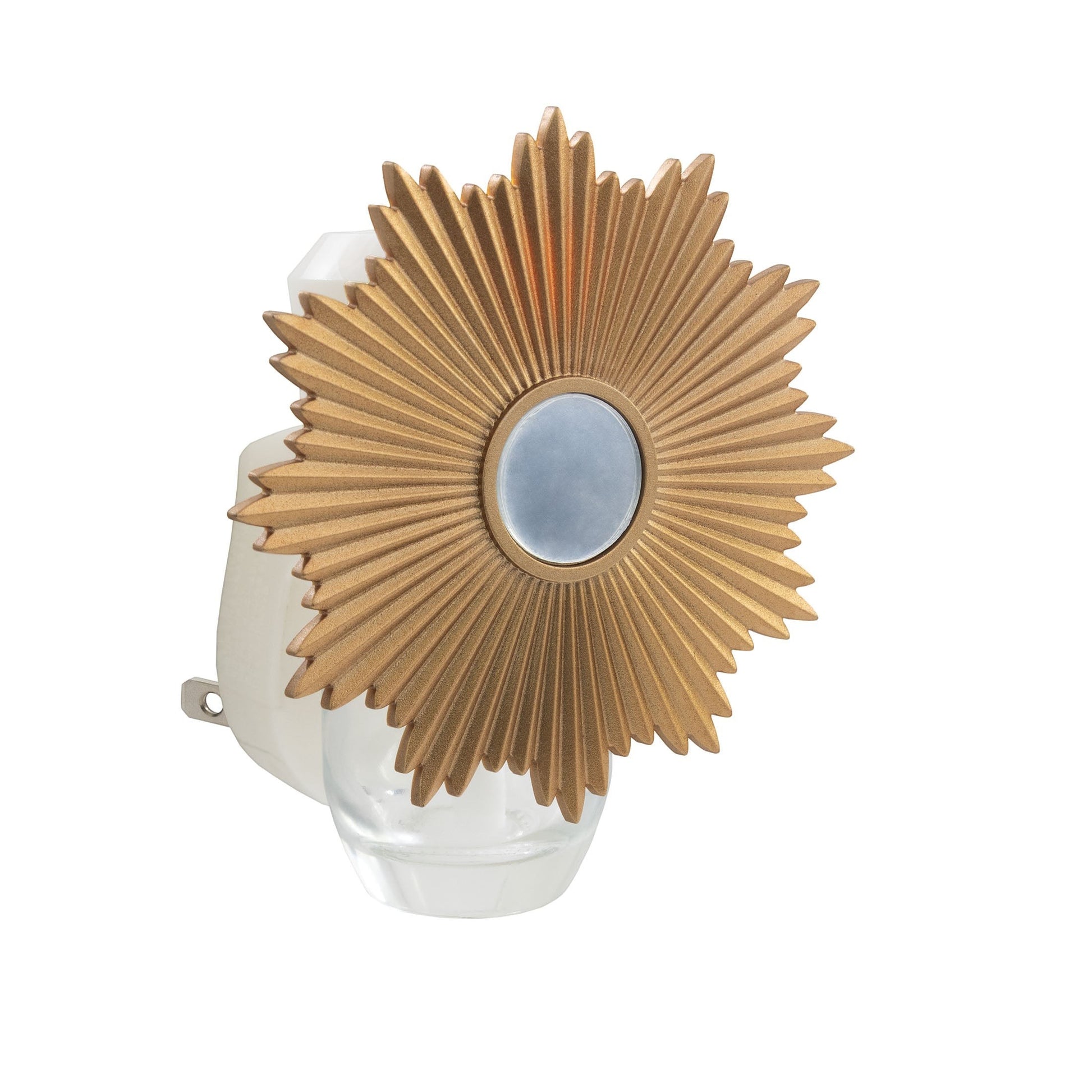 Mellow Monkey Sunburst WallScents fragrance warmer with a gold sunburst design and clear oil reservoir.