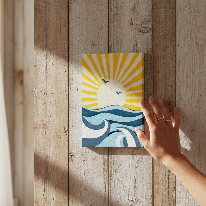 Mellow Monkey Shine Together Tile Wall Art, 5x7-in, featuring a bright yellow sunburst over blue ocean waves with two birds flying.