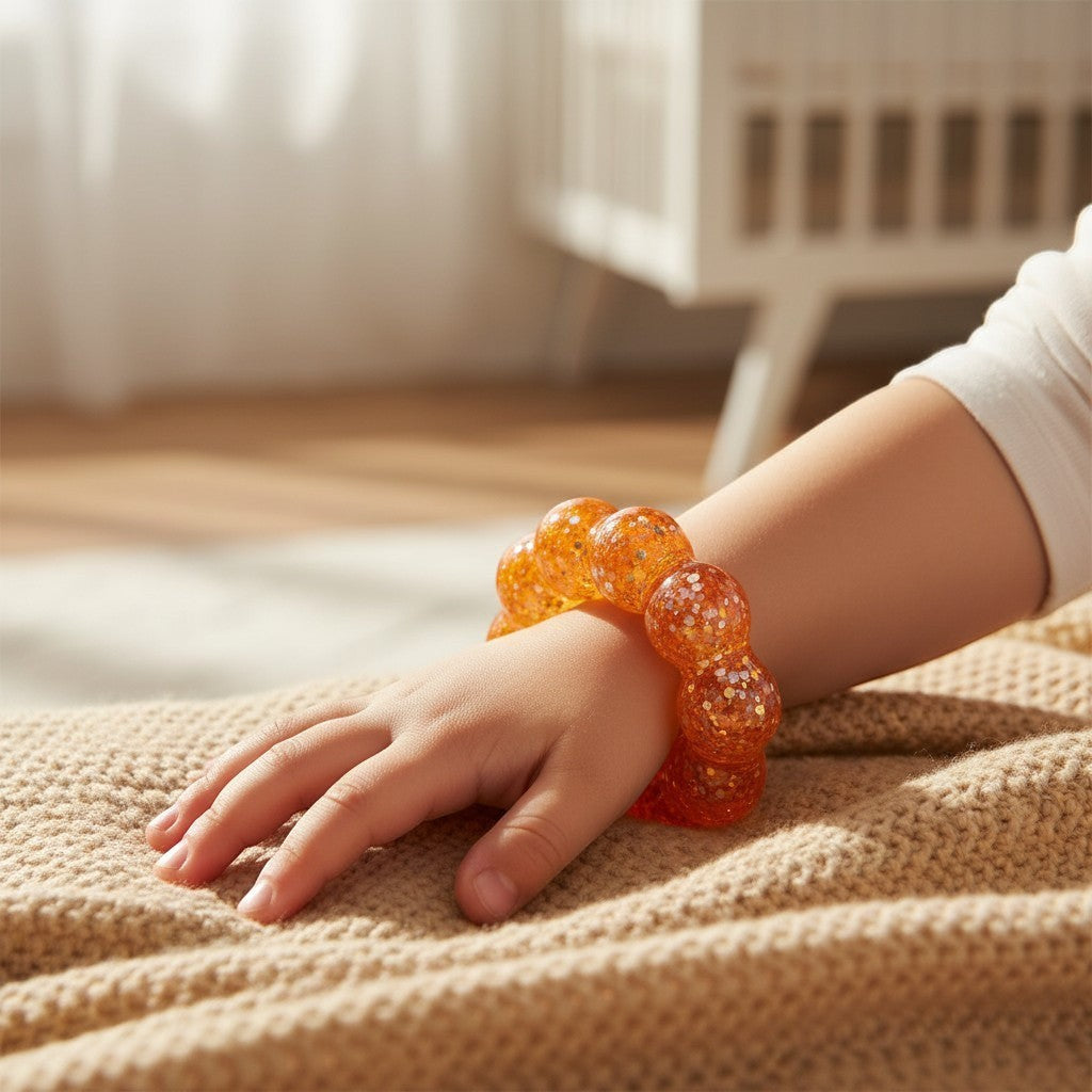 Mellow Monkey Sunburst Orange Feelzies sensory bracelet with glitter on a child's wrist for stress relief
