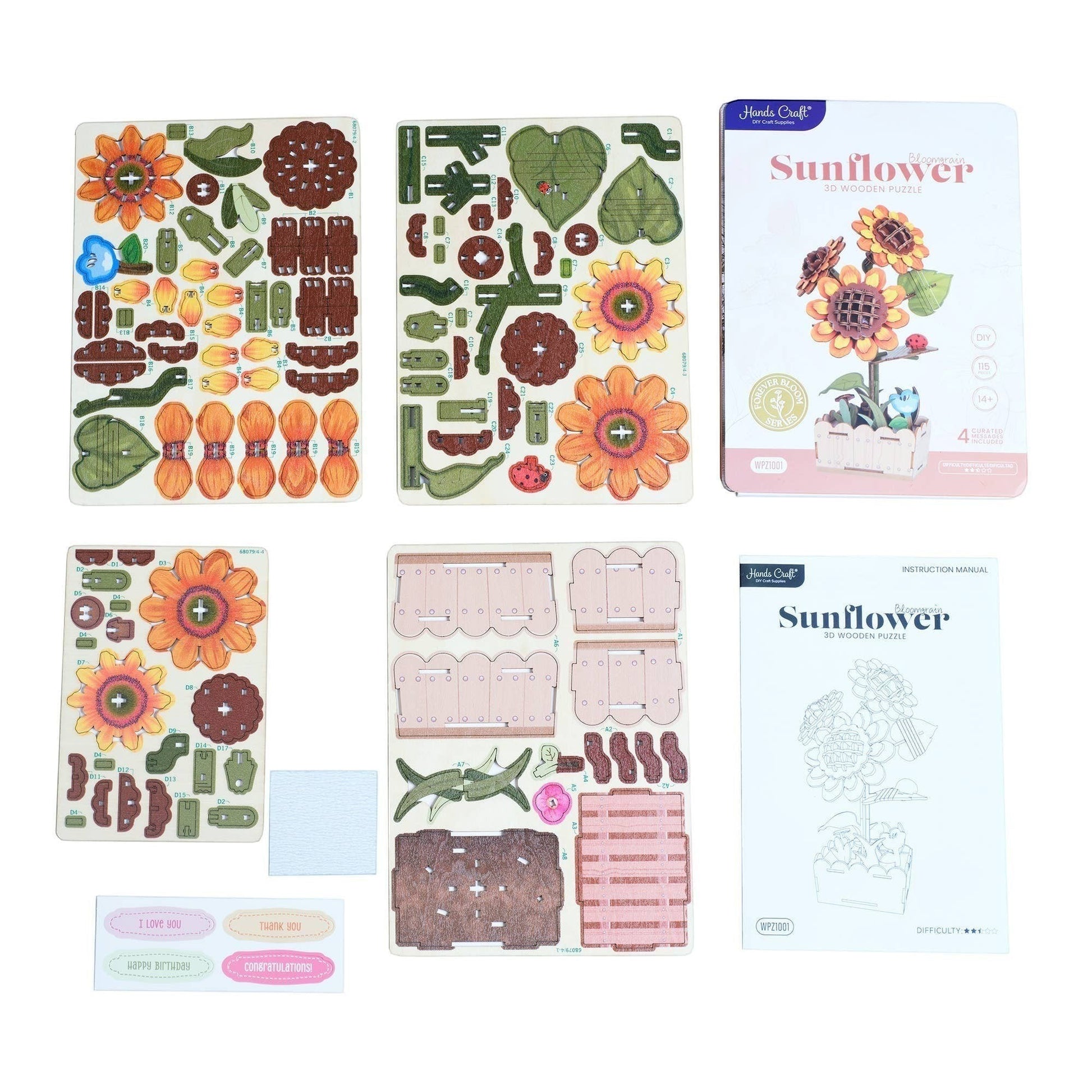 Mellow Monkey DIY wooden puzzle kit featuring a sunflower in bloom, with pre-cut wood pieces and an instruction manual. Includes decorative stickers.