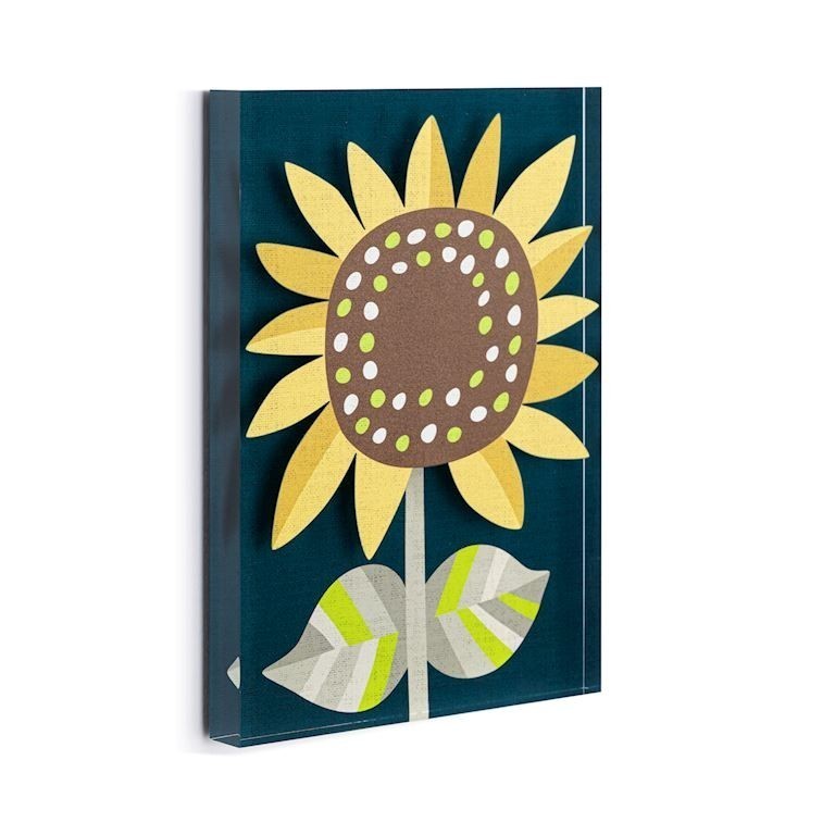 Mellow Monkey Sunshine Together Tile Acrylic Wall Art, 5x7 inches, featuring a yellow sunflower with brown center and green/white dots on a dark teal background.