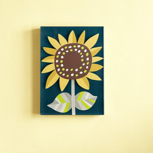 Mellow Monkey Sunshine Together Tile Acrylic Wall Art, 5x7 inches, featuring a yellow sunflower with brown center and green/white polka dots on a dark teal background.