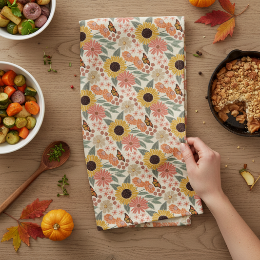 Mellow Monkey waffle dish towel featuring a colorful sunflower and monarch butterfly print on recycled fabric