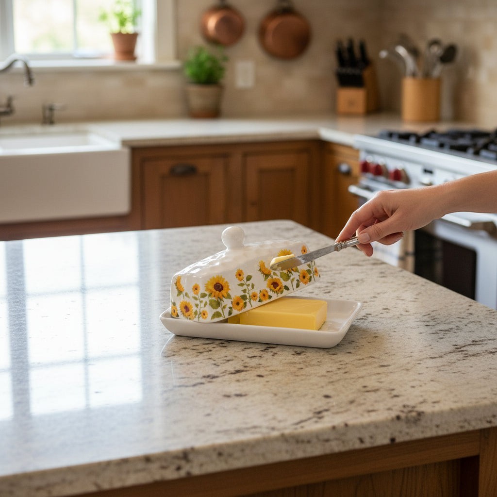 Mellow Monkey Temp-tations ceramic butter dish with sunflower pattern and lid on a granite kitchen countertop