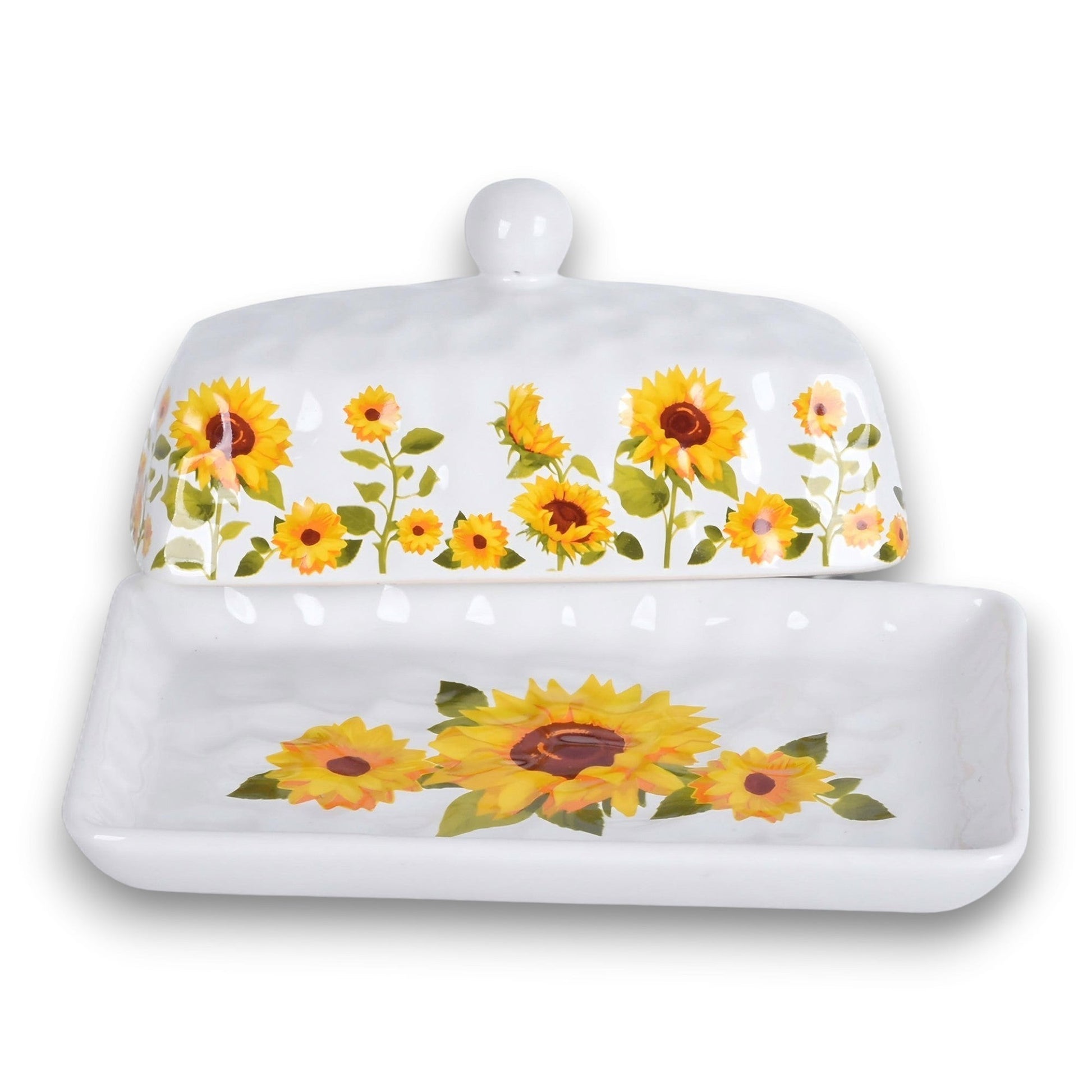 Mellow Monkey Temp-tations ceramic stoneware butter dish featuring a white base with vibrant yellow sunflower pattern.