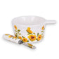 Mellow Monkey ceramic sunflower dip bowl with matching spreader knife, 10-oz capacity, white stoneware with floral print